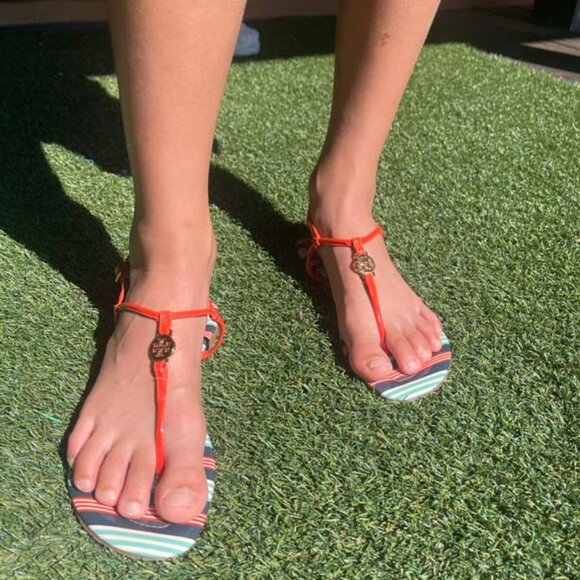 TORY BURCH Womens Sandals Emmy Habanero Stripe Ankle T Strap Buckle Logo Size 7M - Picture 1 of 14